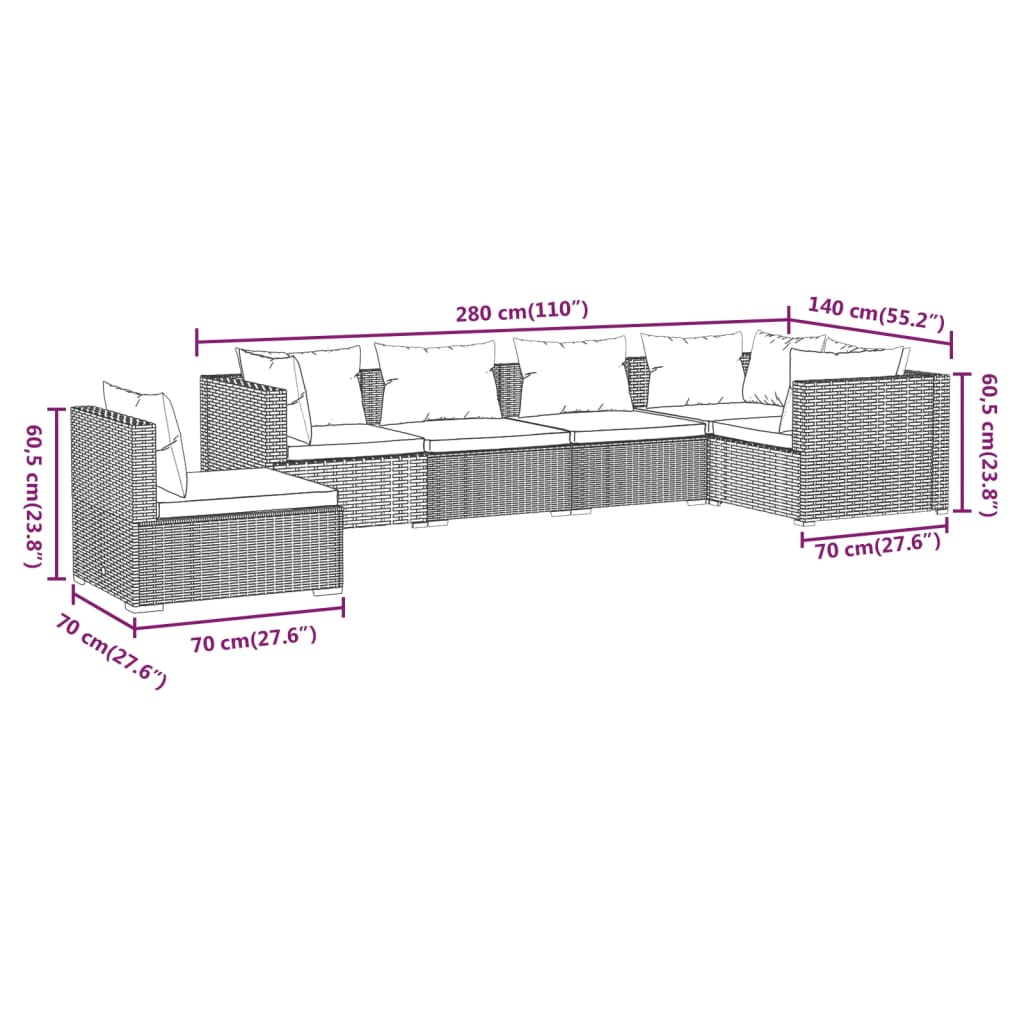 6-tlg. Garten-Lounge-Set mit Kissen Poly Rattan Grau