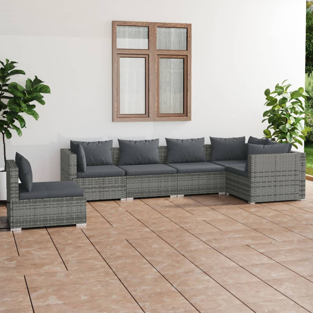 6-tlg. Garten-Lounge-Set mit Kissen Poly Rattan Grau