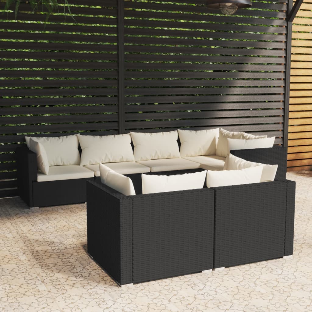 7-tlg. Garten-Lounge-Set mit Kissen Schwarz Poly Rattan