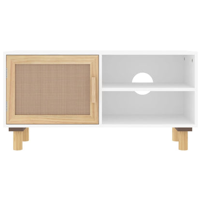 TV-Schrank Weiß 80x30x40 cm Massivholz Kiefer und Natur-Rattan