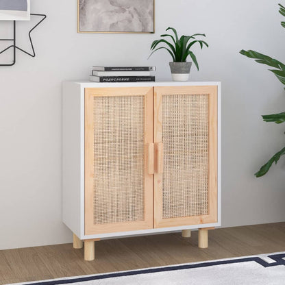 Sideboard Weiß 60x30x70 cm Massivholz Kiefer und Natur-Rattan