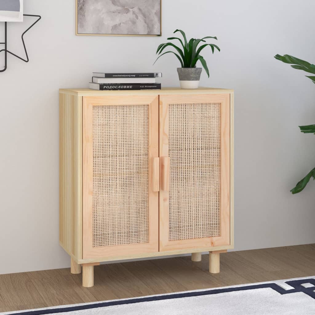 Sideboard Braun 60x30x70 cm Massivholz Kiefer und Natur-Rattan