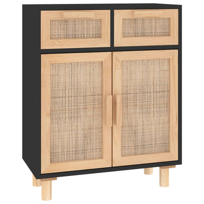 Sideboard Schwarz 60x30x75cm Massivholz Kiefer und Natur-Rattan