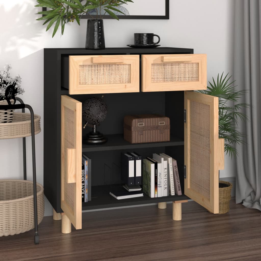 Sideboard Schwarz 60x30x75cm Massivholz Kiefer und Natur-Rattan