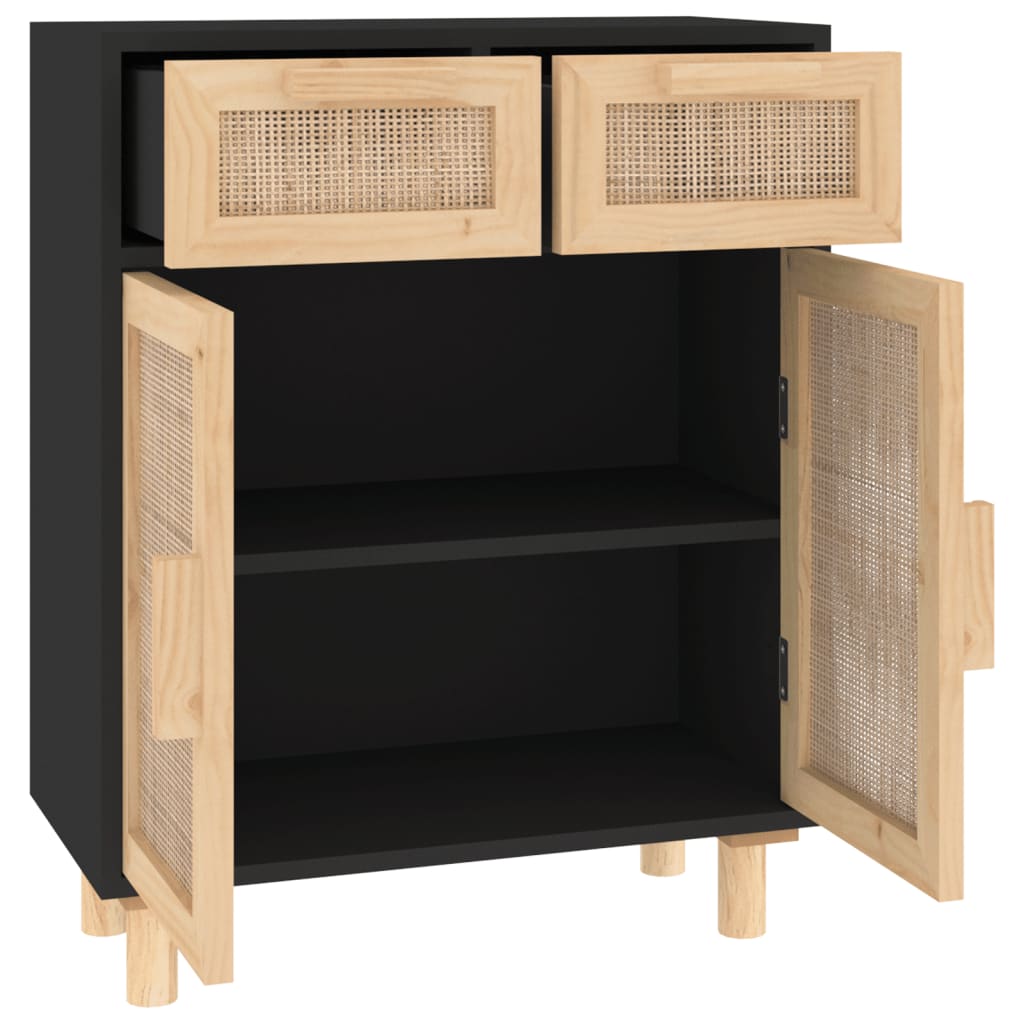 Sideboard Schwarz 60x30x75cm Massivholz Kiefer und Natur-Rattan