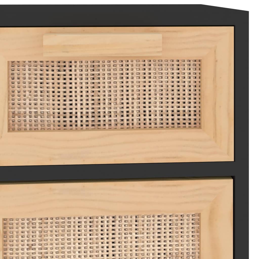 Sideboard Schwarz 60x30x75cm Massivholz Kiefer und Natur-Rattan