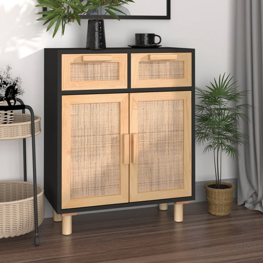 Sideboard Schwarz 60x30x75cm Massivholz Kiefer und Natur-Rattan