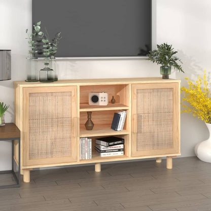 Sideboard Braun 105x30x60 cm Massivholz Kiefer und Natur-Rattan