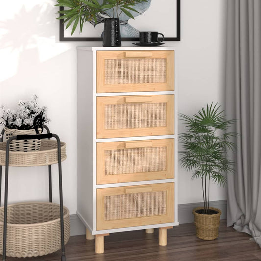 Sideboard Weiß 40x30x90 cm Massivholz Kiefer und Natur-Rattan