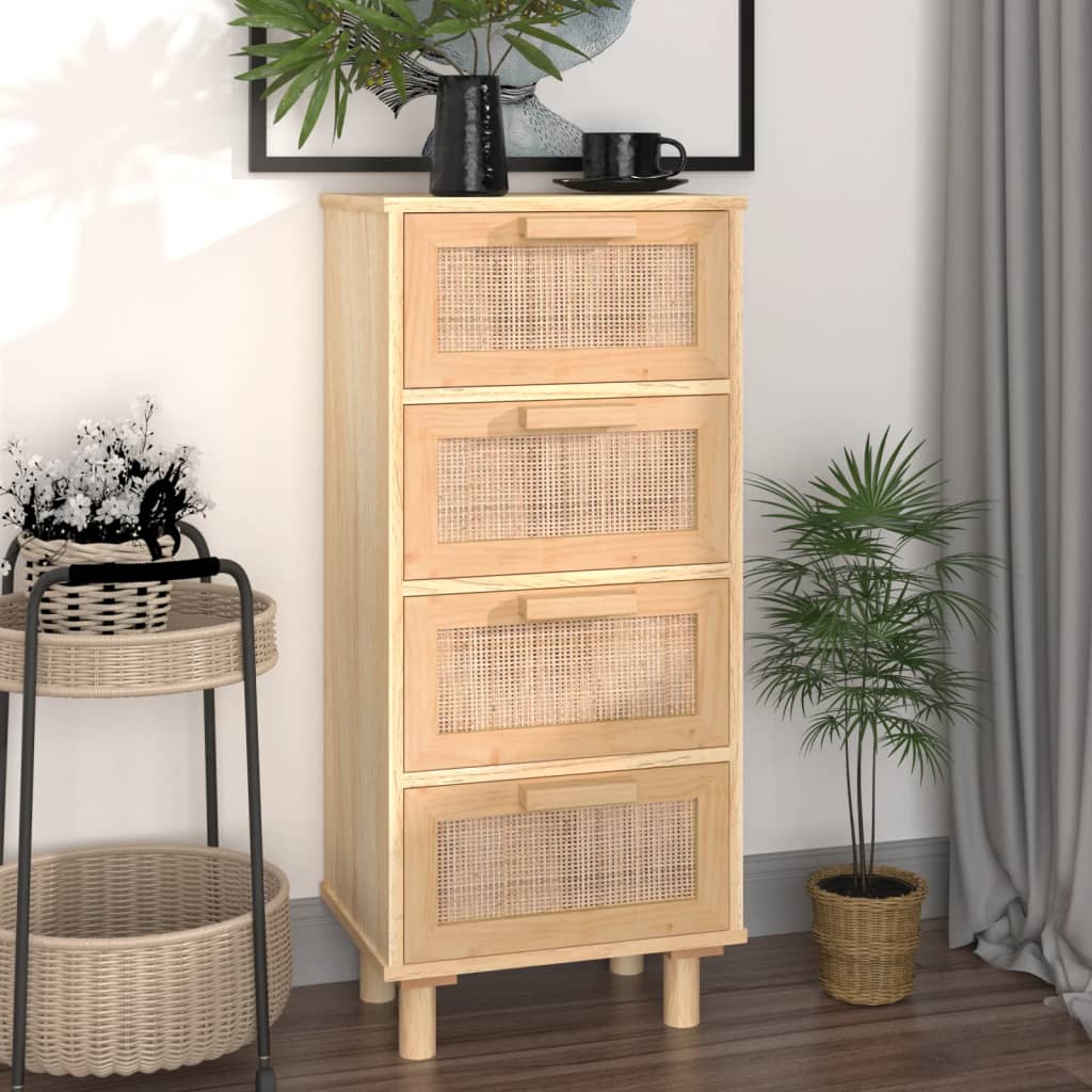 Sideboard Braun 40x30x90 cm Massivholz Kiefer und Natur-Rattan