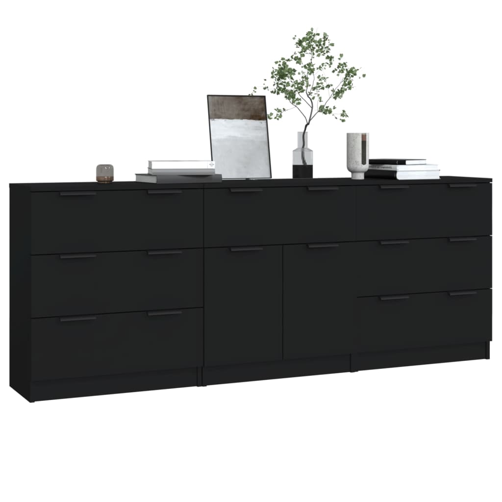 3-tlg. Sideboards Schwarz Holzwerkstoff