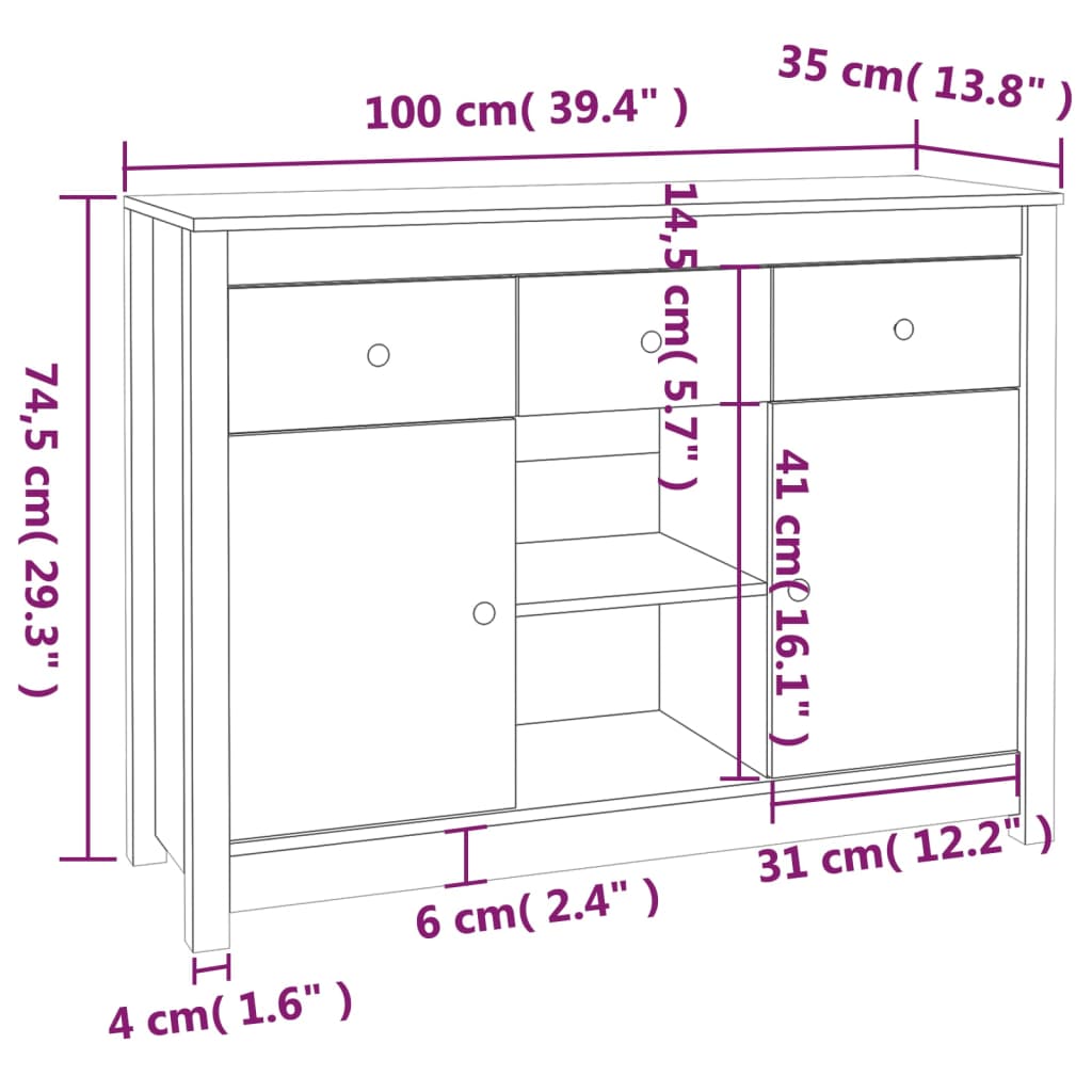 Sideboard 100x35x74,5 cm Massivholz Kiefer