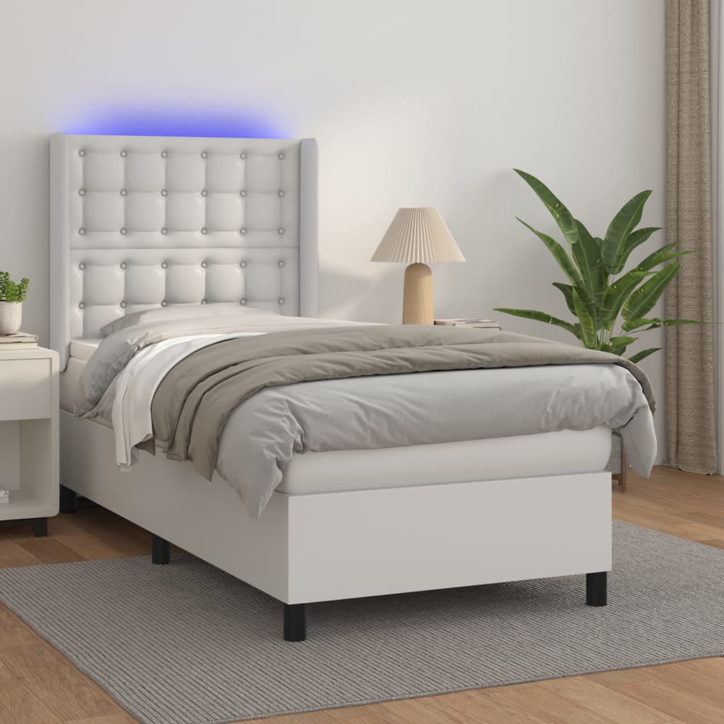 Boxspringbett mit Matratze & LED Weiß 100x200 cm Kunstleder