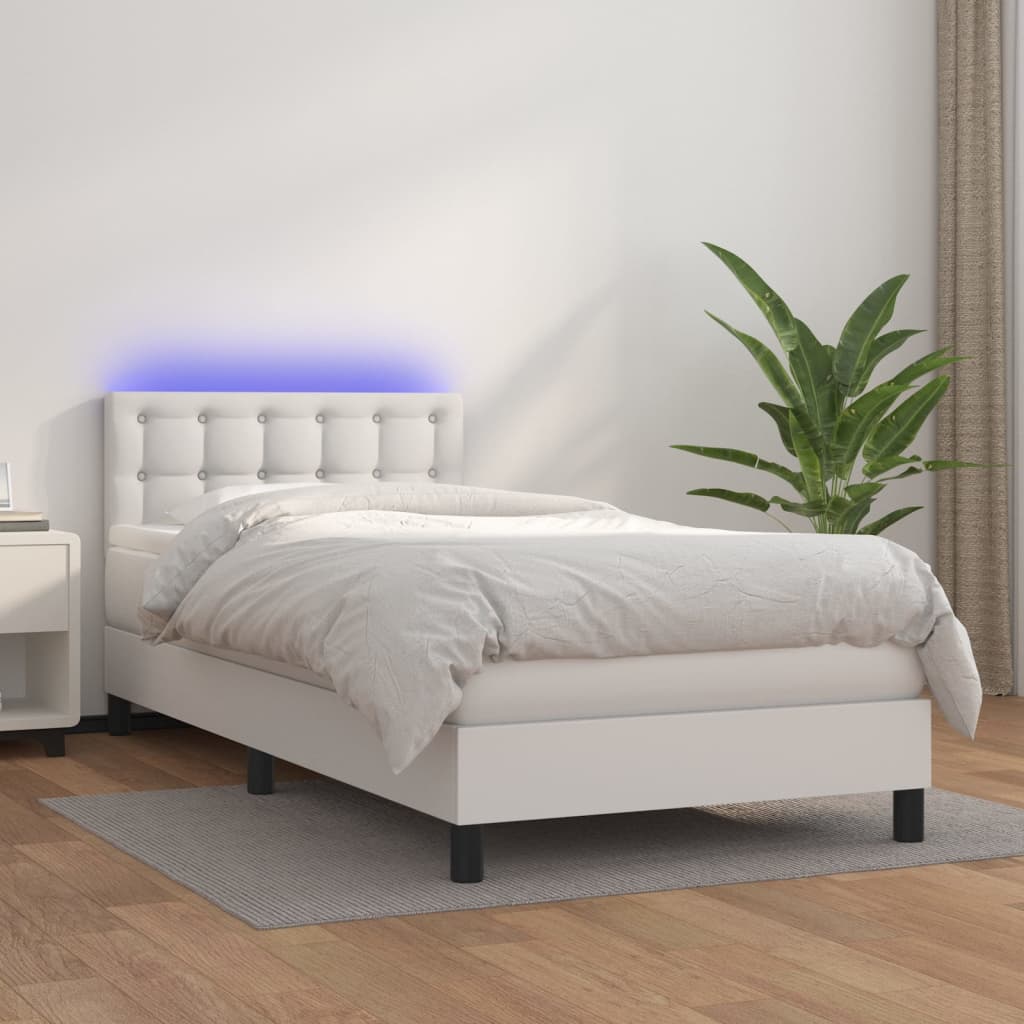 Boxspringbett mit Matratze & LED Weiß 100x200 cm Kunstleder