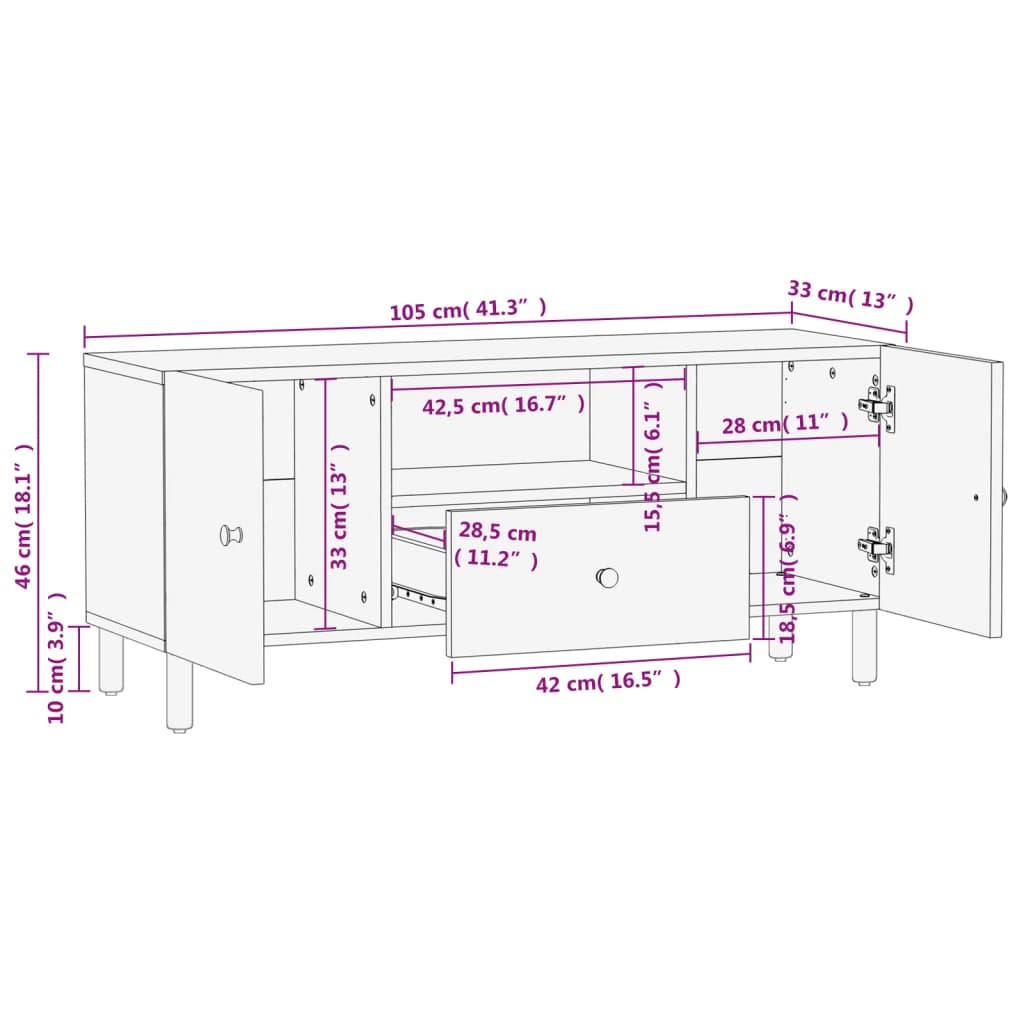 TV-Schrank Schwarz 105x33x46 cm Massivholz Mango