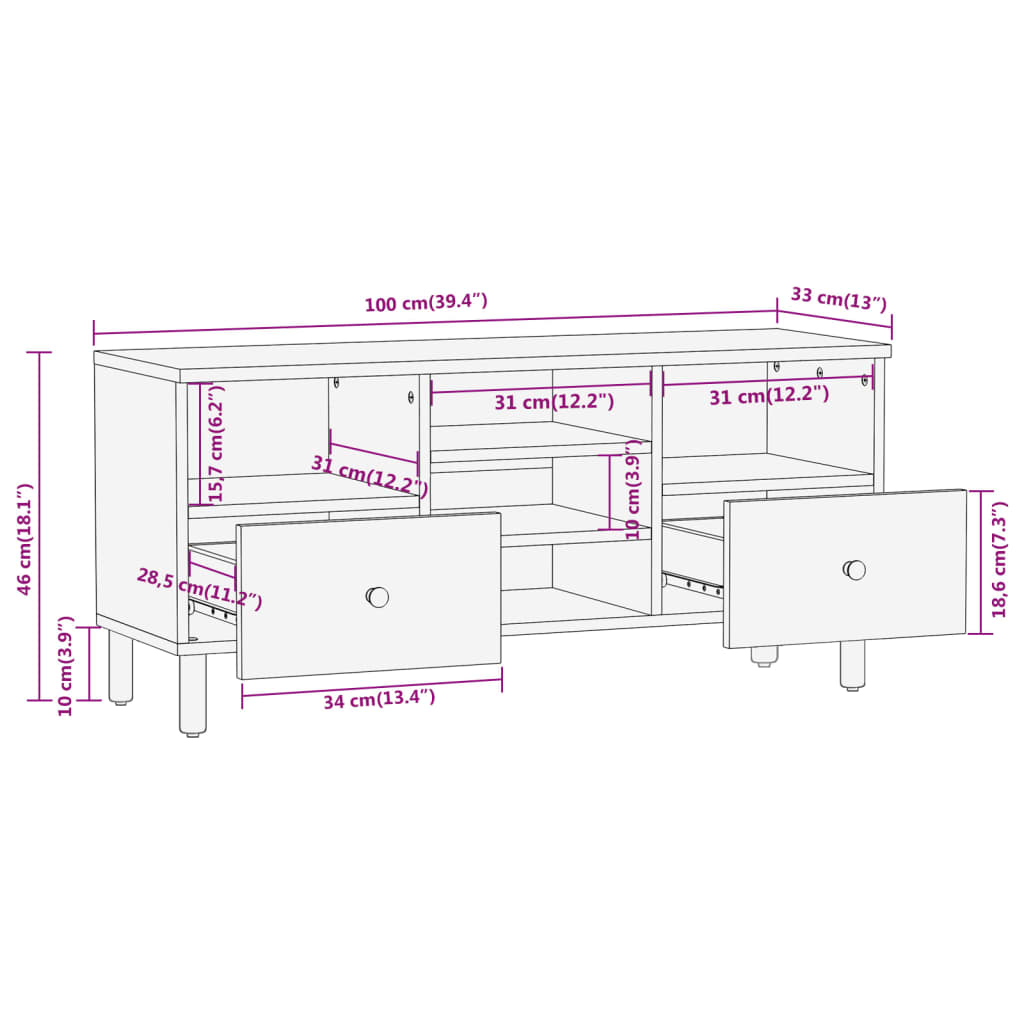 TV-Schrank 100x33x46 cm Massivholz Mango