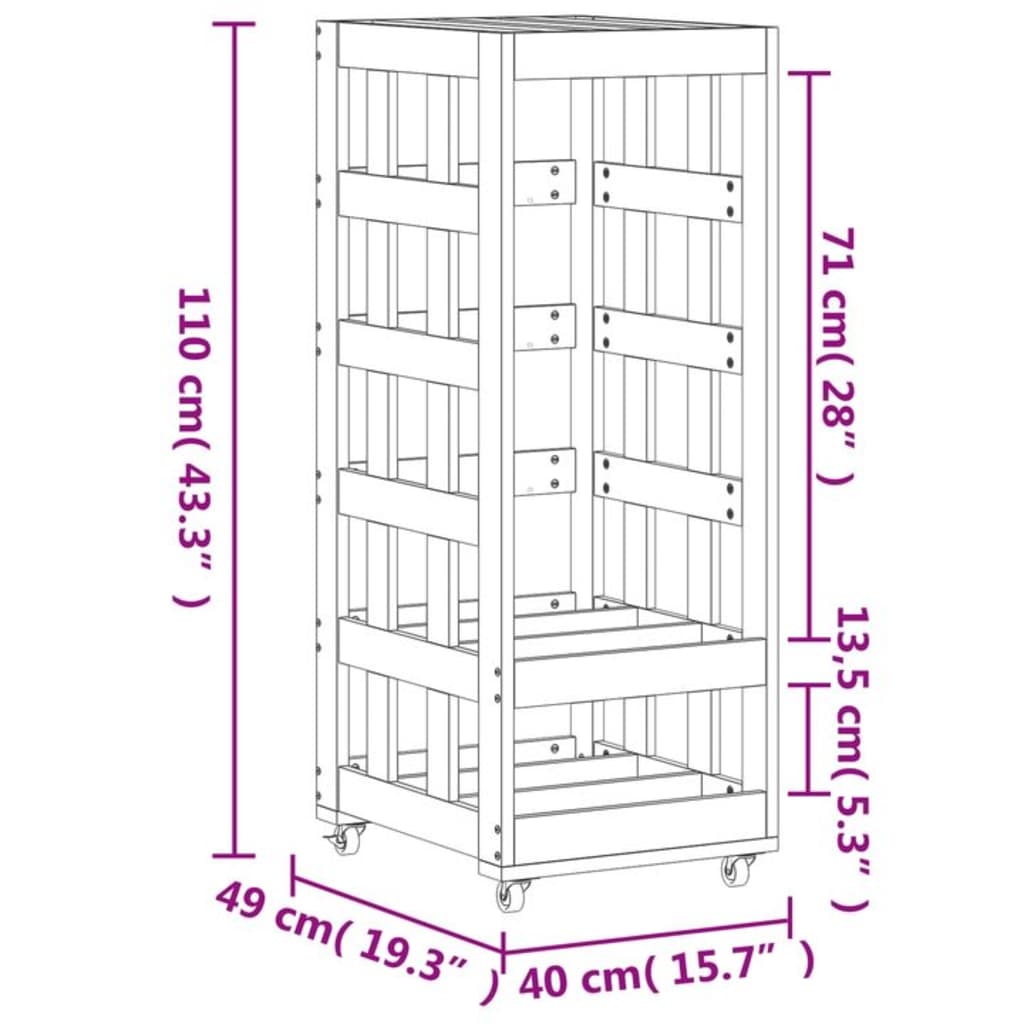 Kaminholzregal mit Rollen 40x49x110 cm Massivholz Kiefer