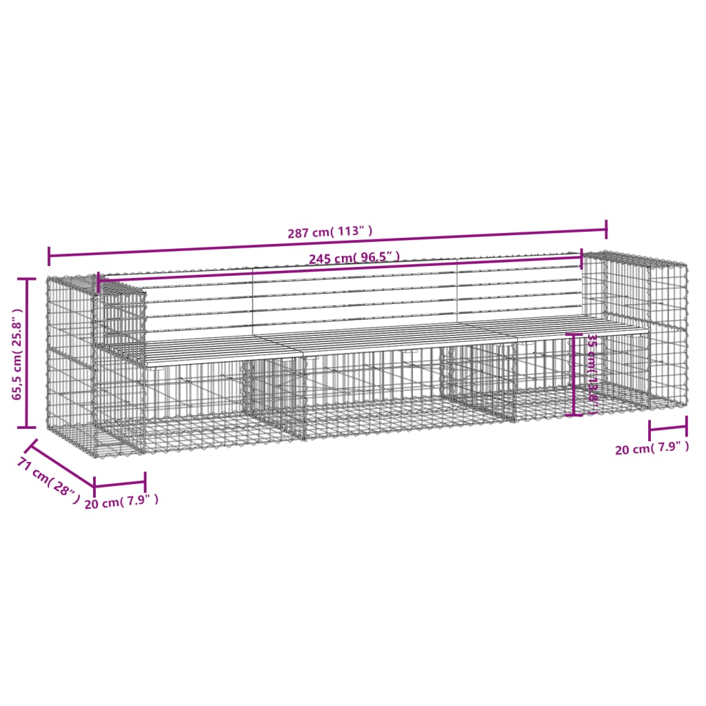 Gartenbank aus Gabionen 287x71x65,5 cm Massivholz Kiefer