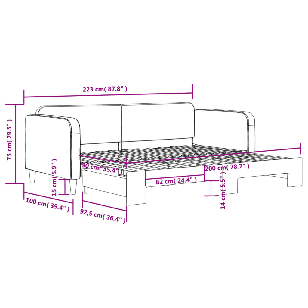 Tagesbett Ausziehbar Hellgrau 90x200 cm Stoff