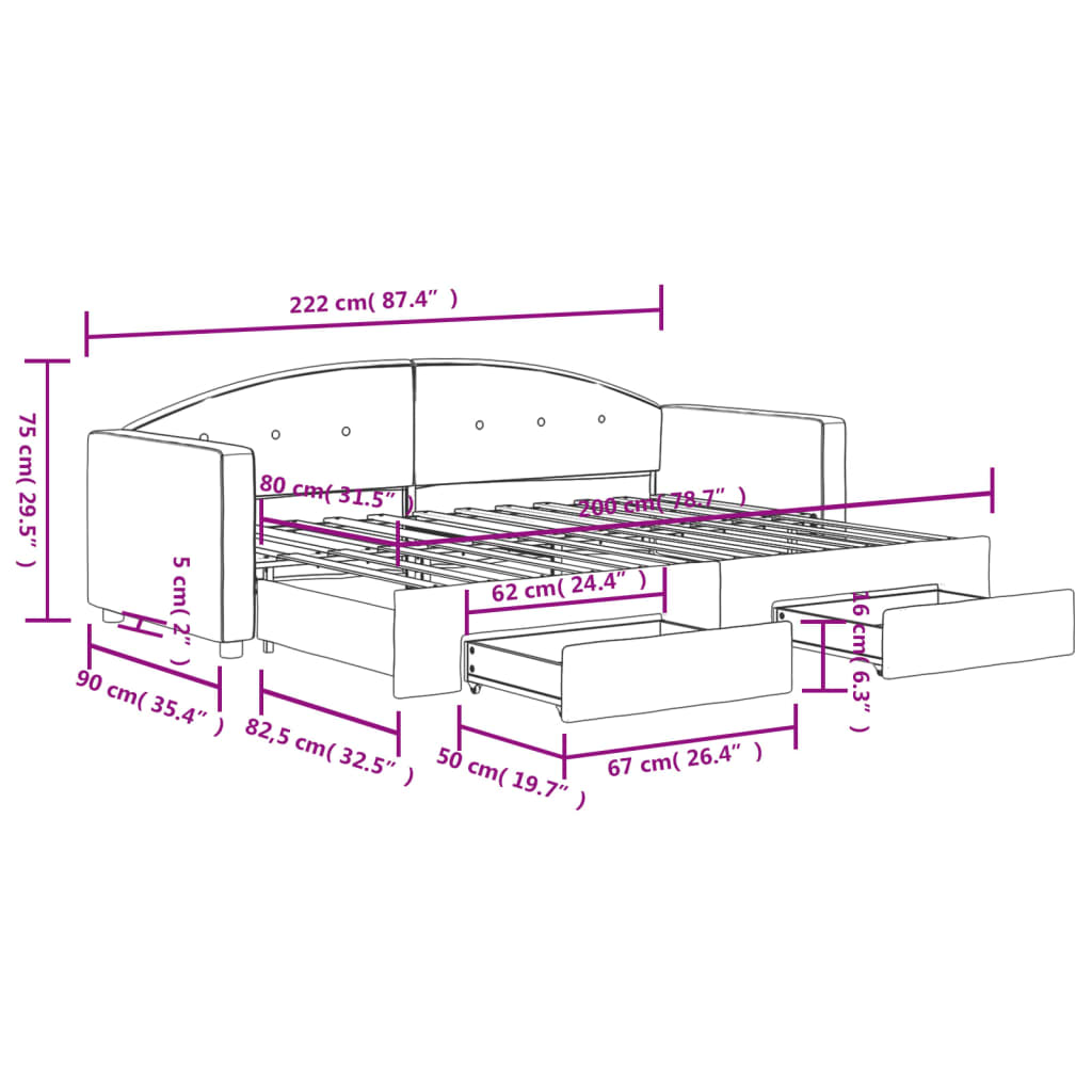 Tagesbett Ausziehbar mit Schubladen Dunkelgrau 80x200 cm Samt