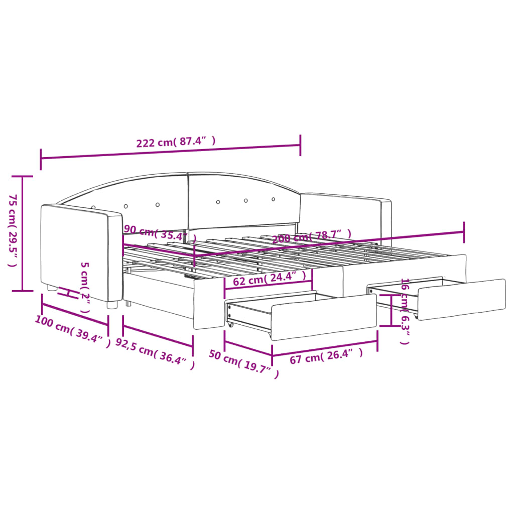 Tagesbett Ausziehbar mit Schubladen Dunkelgrau 90x200 cm Samt