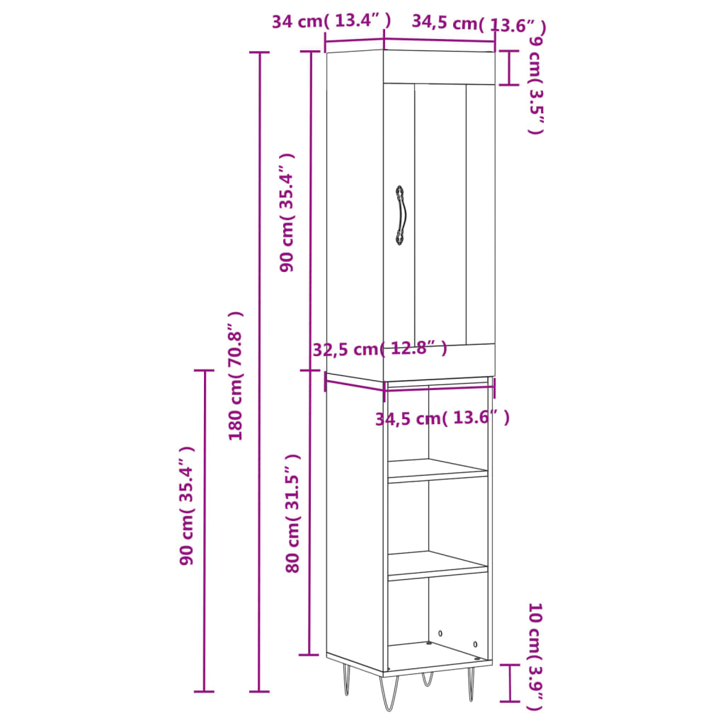 Highboard Schwarz 34,5x34x180 cm Holzwerkstoff