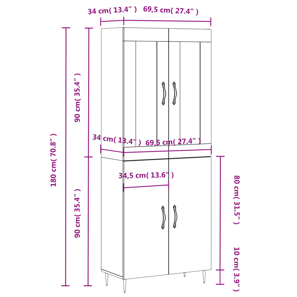 Highboard Hochglanz-Weiß 69,5x34x180 cm Holzwerkstoff