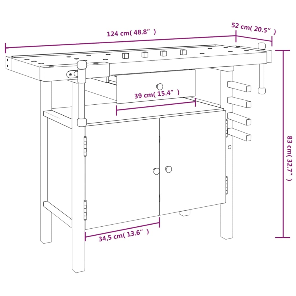 Werkbank mit Schubladen Schraubstöcken 124x52x83 cm Akazienholz