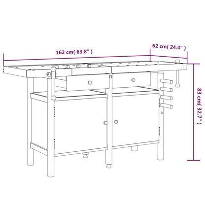 Werkbank mit Schubladen Schraubstöcken 162x62x83 cm Akazienholz