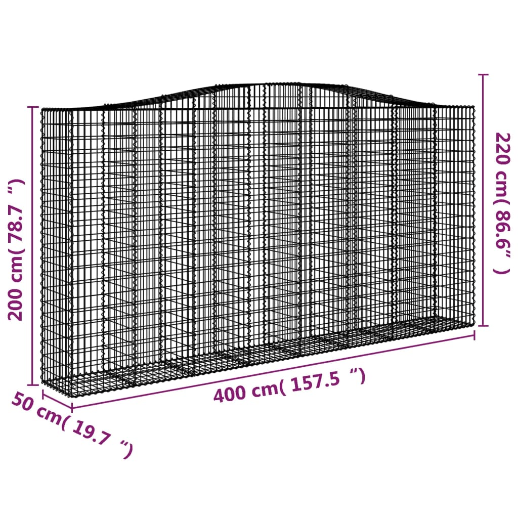 Gabionen mit Hochbogen 4 Stk. 400x50x200/220cm Verzinktes Eisen