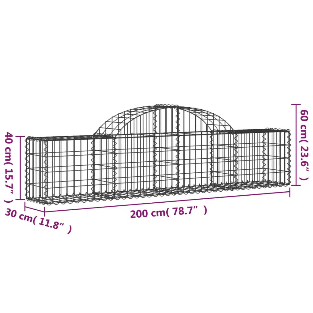 Gabionen mit Hochbogen 3 Stk. 200x30x40/60 cm Verzinktes Eisen