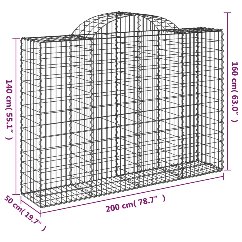 Gabionen mit Hochbogen 30Stk. 200x50x140/160cm Verzinktes Eisen