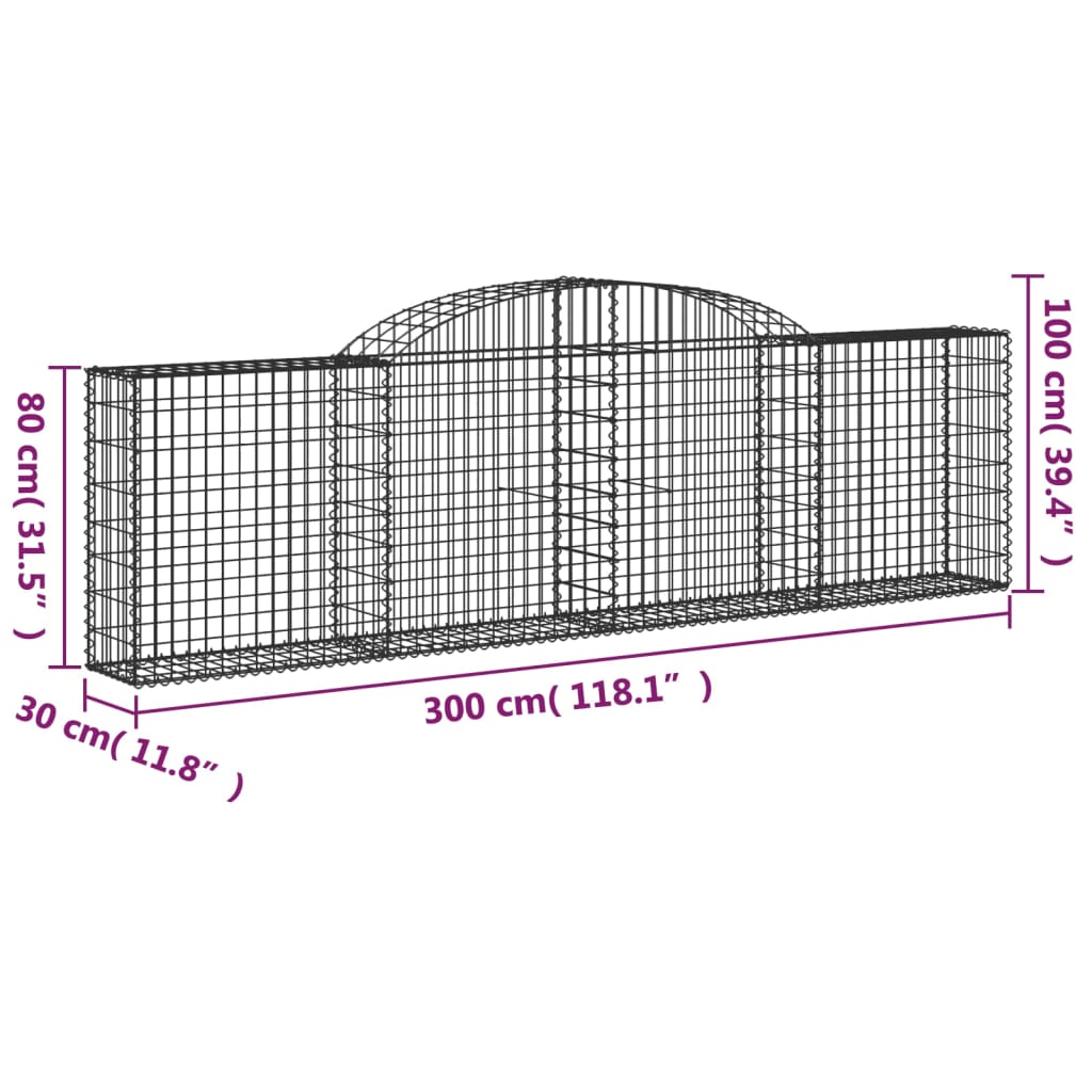 Gabionen mit Hochbogen 25 Stk. 300x30x80/100cm Verzinktes Eisen