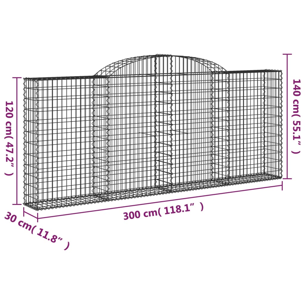 Gabionen mit Hochbogen 30 Stk 300x30x120/140cm Verzinktes Eisen