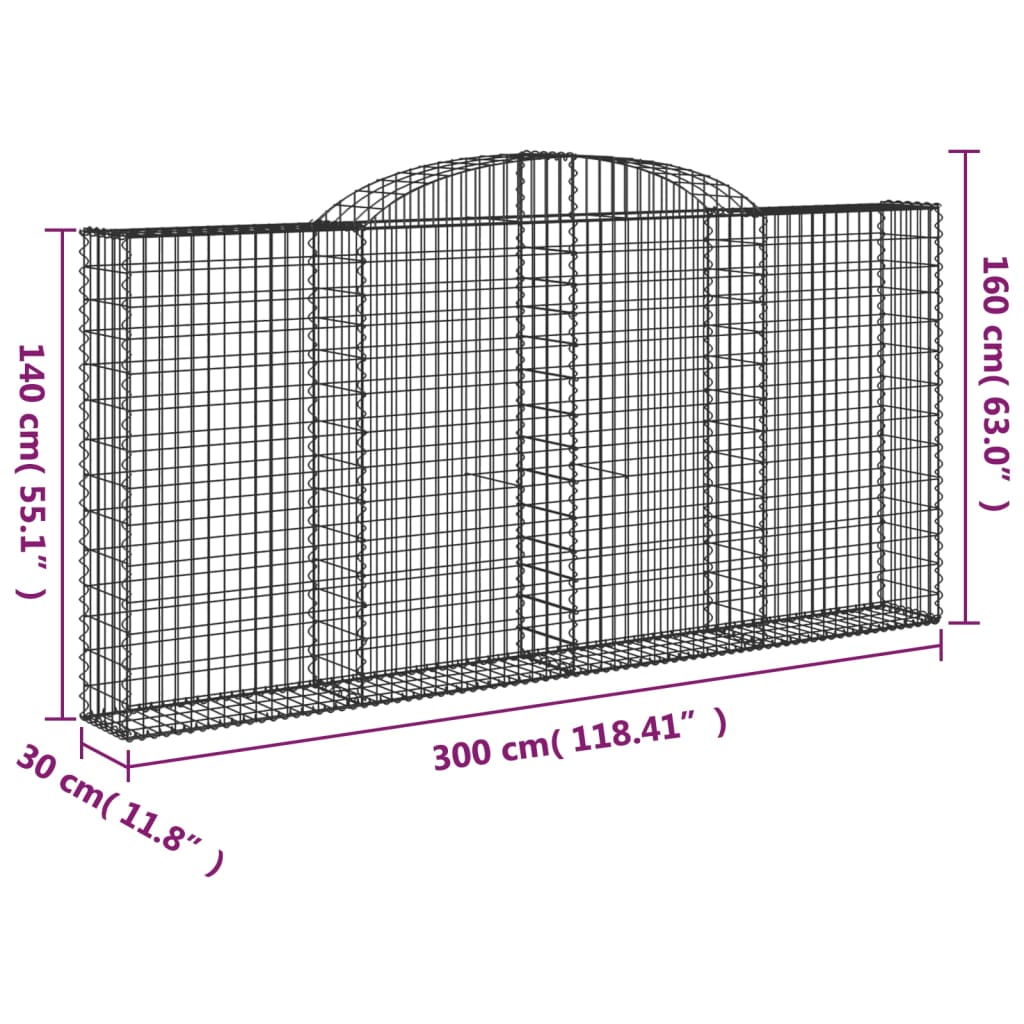 Gabionen mit Hochbogen 20 Stk 300x30x140/160cm Verzinktes Eisen