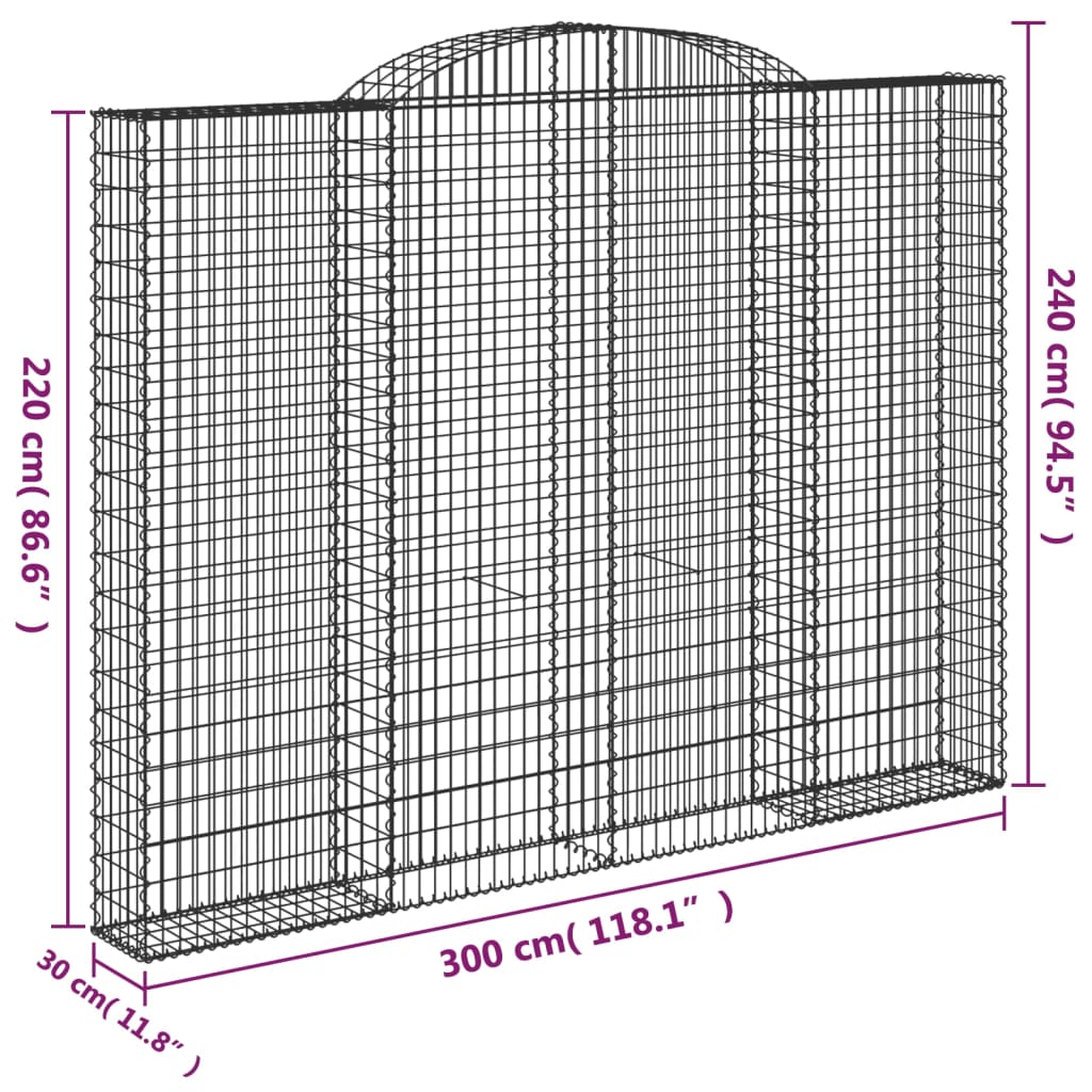 Gabionen mit Hochbogen 3 Stk. 300x30x220/240cm Verzinktes Eisen