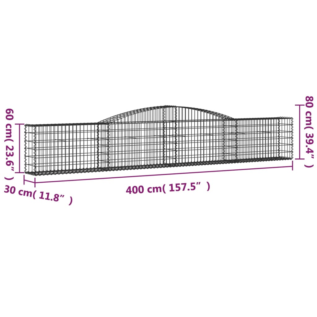 Gabionen mit Hochbogen 25 Stk. 400x30x60/80 cm Verzinktes Eisen