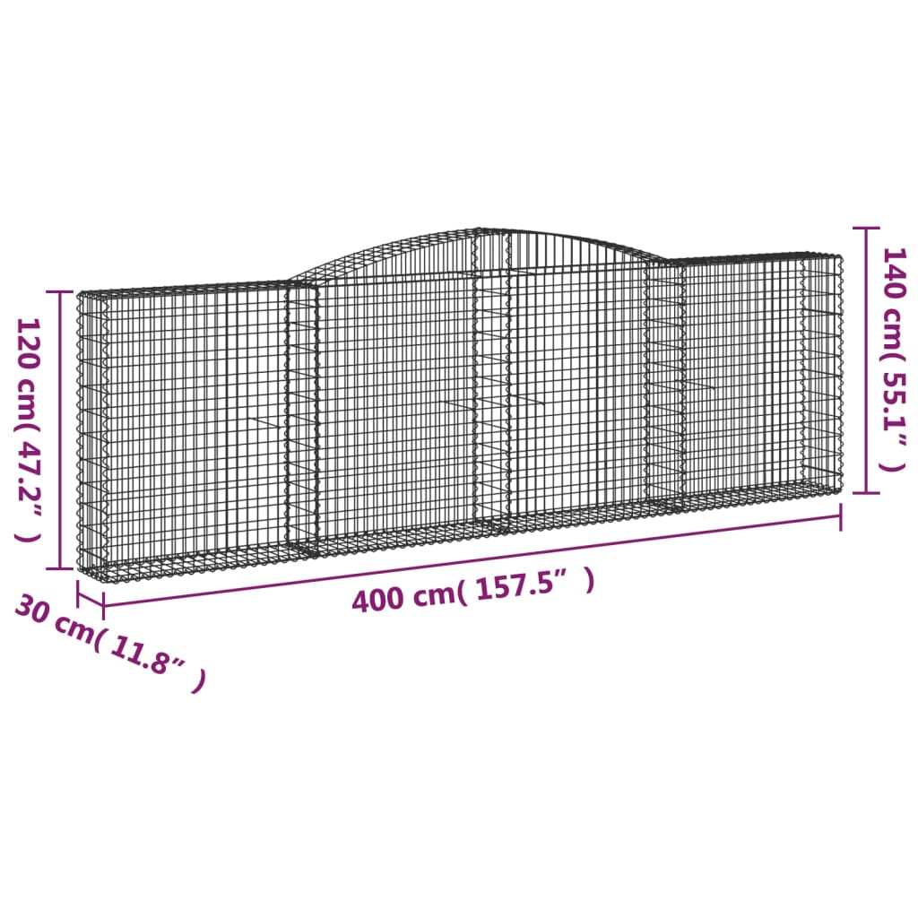 Gabionen mit Hochbogen 15Stk. 400x30x120/140cm Verzinktes Eisen