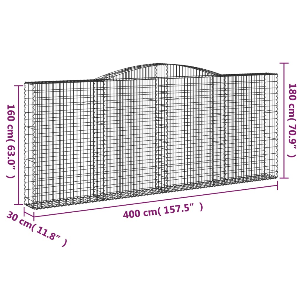 Gabionen mit Hochbogen 4 Stk. 400x30x160/180cm Verzinktes Eisen