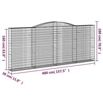 Gabionen mit Hochbogen 4 Stk. 400x30x160/180cm Verzinktes Eisen