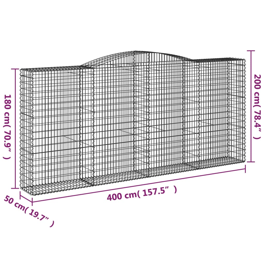 Gabionen mit Hochbogen 9 Stk. 400x50x180/200cm Verzinktes Eisen