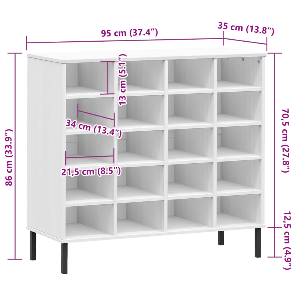 Schuhregal OSLO mit Metallbeinen Weiß 95x35x86 cm Massivholz