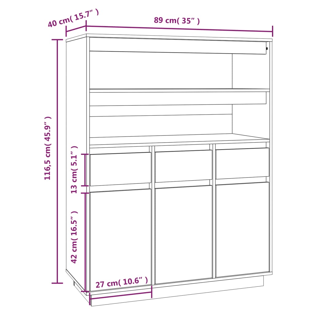 Highboard 89x40x116,5 cm Massivholz Kiefer