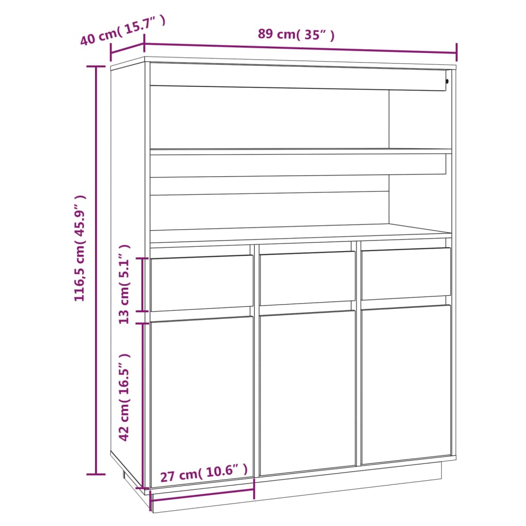 Highboard Weiß 89x40x116,5 cm Massivholz Kiefer