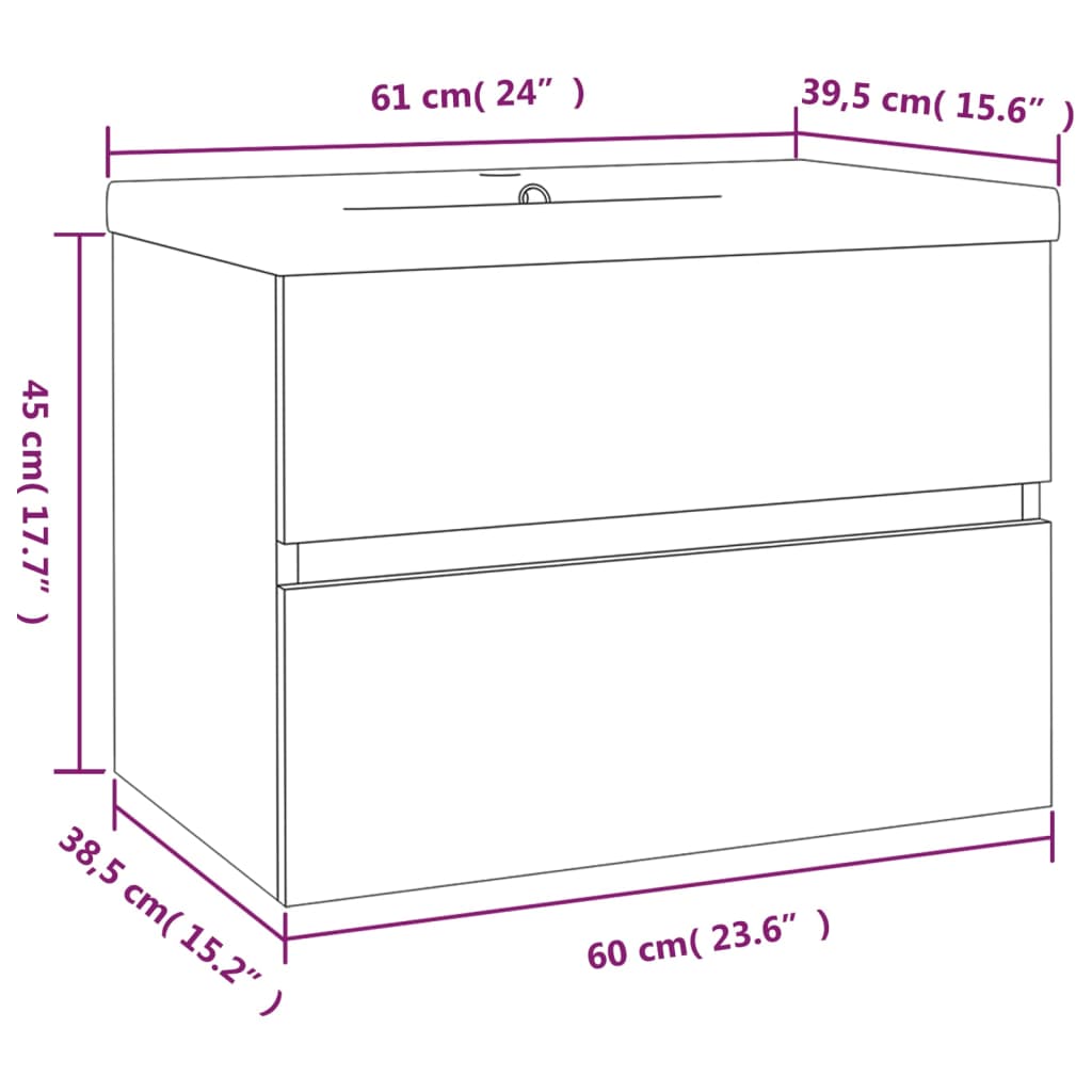 Waschbeckenschrank mit Einbaubecken Räuchereiche Holzwerkstoff