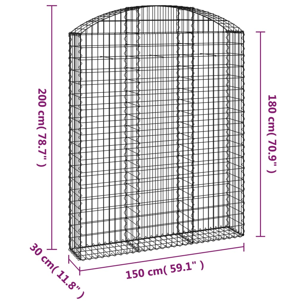 Gabione mit Hochbogen 150x30x180/200 cm Verzinktes Eisen