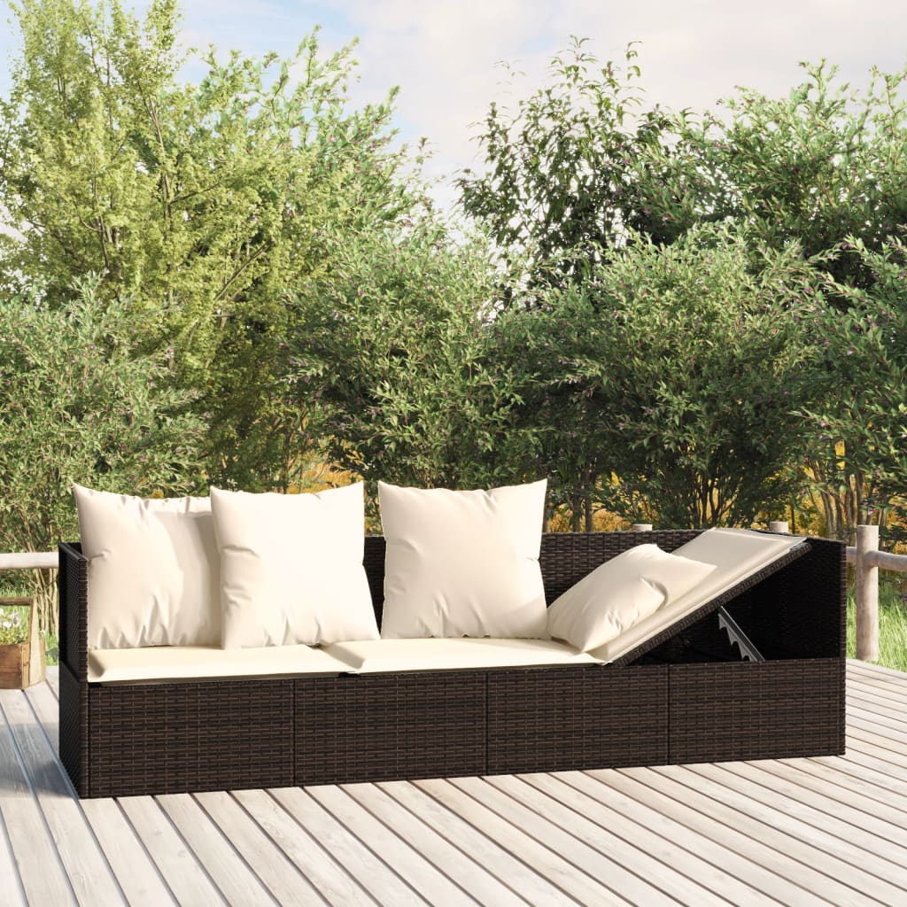 Outdoor-Loungebett mit Kissen Braun Poly Rattan