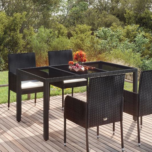 Gartentisch mit Glasplatte Schwarz 150x90x75 cm Poly Rattan