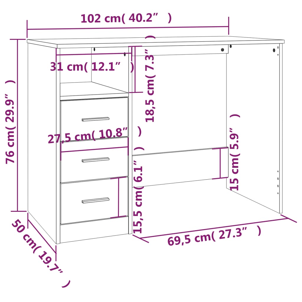 Schreibtisch mit Schubladen Schwarz 102x50x76 cm Holzwerkstoff