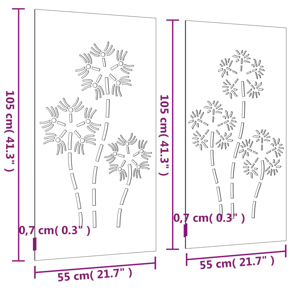 2-tlg. Garten-Wanddeko 105x55 cm Cortenstahl Blumen-Design